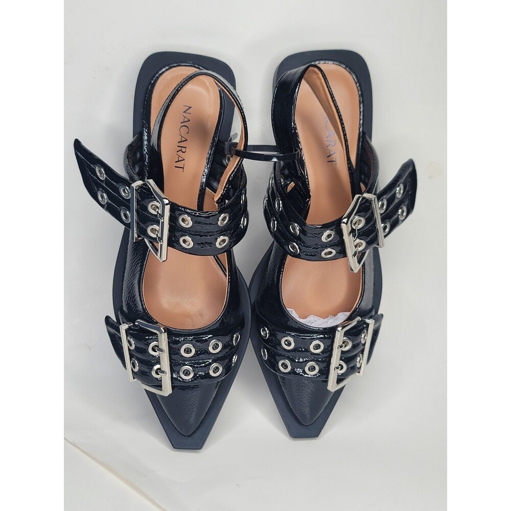 Women’s 7 Black Patent Pointed Toe Slingback Flats Buckle Grommet Shoes